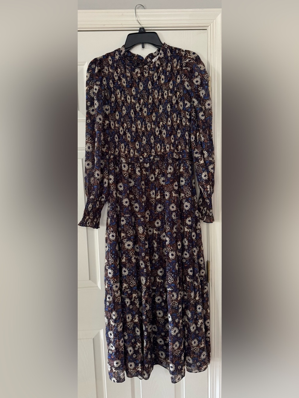 Navy Floral Long-Sleeve Midi Dress with Ivory Accents large cottage core